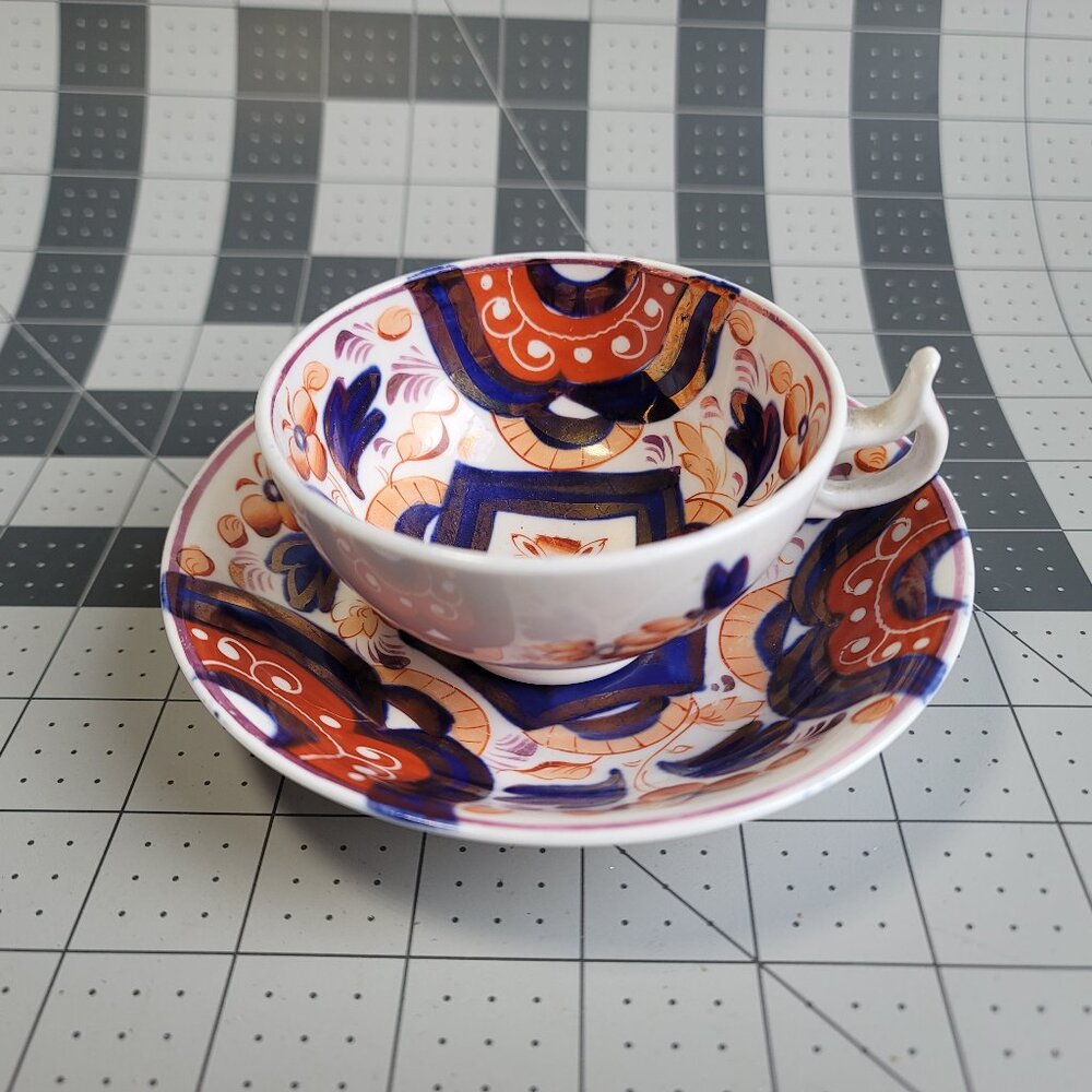 Antique Imari Style English Cup Saucer Staffordshire Pottery Gaudy Welsh Cobalt